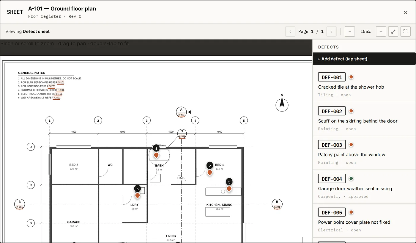 A defect sheet, a copy of A-101 Ground floor plan, with numbered pins in the bathroom, bedroom, kitchen and laundry, and a Defects panel listing DEF-001 to DEF-005 with their trades and statuses.