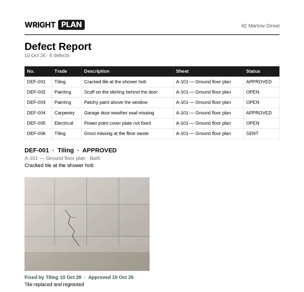The defect report PDF: a table of six defects with trade, description, sheet and status, then DEF-001 approved, with the before photo and the fix photo.