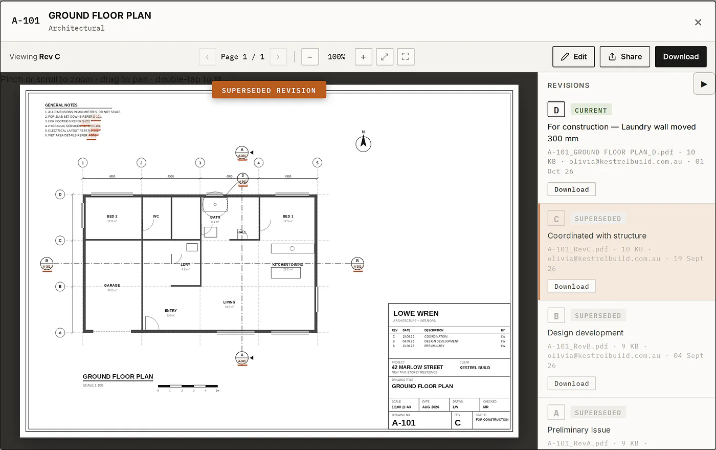 The drawing viewer on A-101 at Rev C, flagged Superseded revision. The Revisions panel lists D as Current and C, B and A as Superseded, each with its note, file and date.
