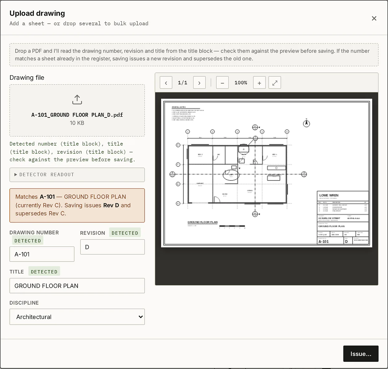 The Upload drawing dialog with A-101 GROUND FLOOR PLAN Rev D. Drawing number, revision and title each carry a green DETECTED label, a preview of the sheet sits beside them, and a note says it matches A-101, currently Rev C, so saving issues Rev D and supersedes Rev C.