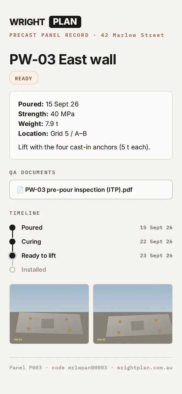 The panel record a scan opens on a phone: PW-03 East wall, Ready — poured date, 40 MPa, 7.9 tonnes, grid location, a lifting note, its QA document, the timeline from poured to ready to lift, and two photos.